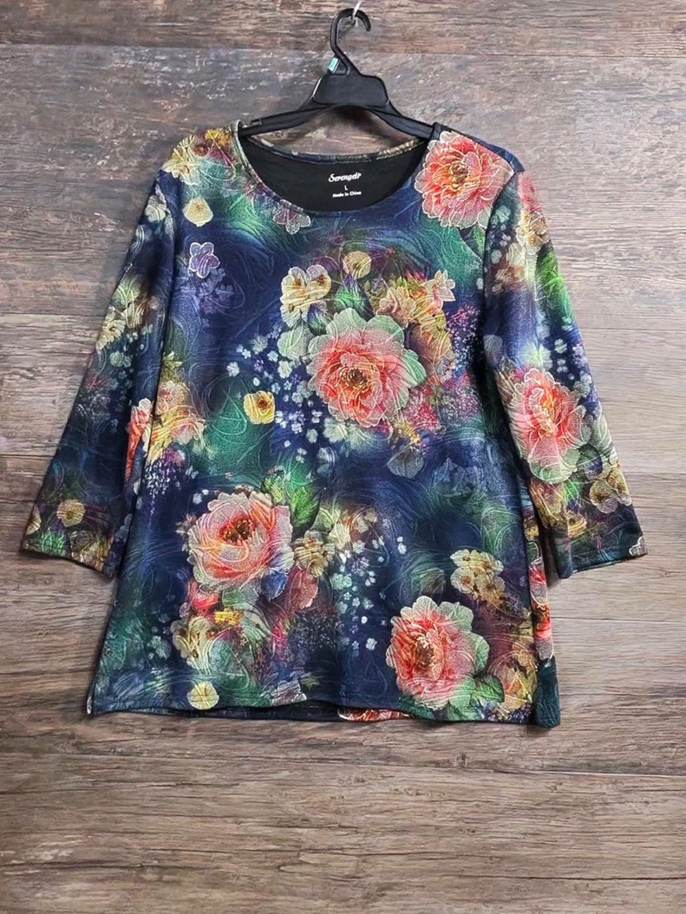 Serengeti Navy Floral Scoop Neck Blouse with Multicolor Blooms